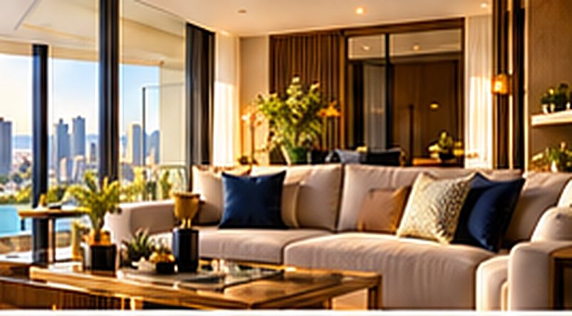 Sala de estar mobiliada com vista para a cidade