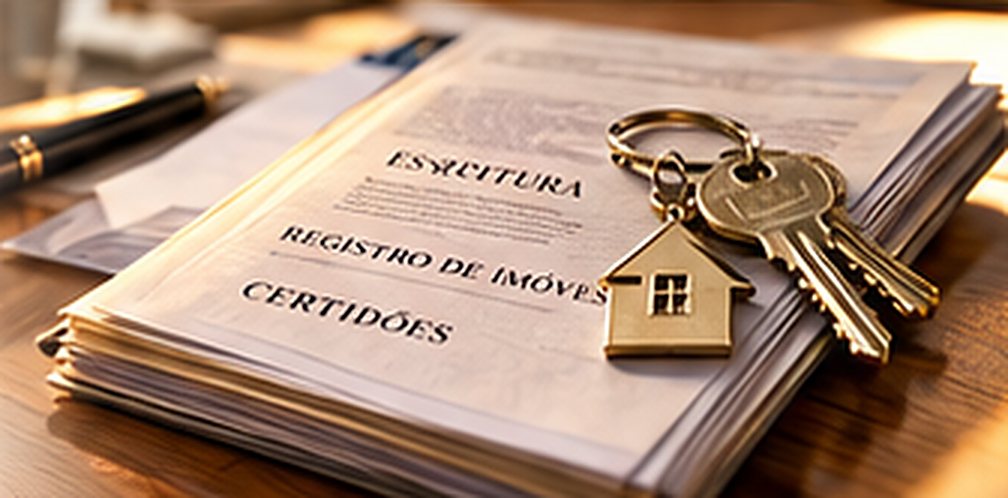 Pasta com escritura, registro de imóveis e certidões, com chaves