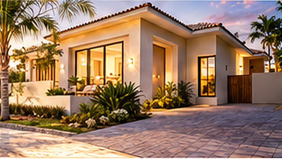 Casa térrea com jardim ao entardecer