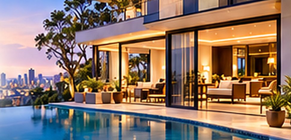 Casa moderna com piscina ao entardecer